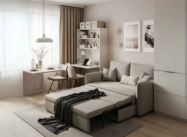 Small studio apartment studio with sofa-cum-bed, fold-out desk, and expandable dining — space-saving studio apartment interior ideas for modern living.