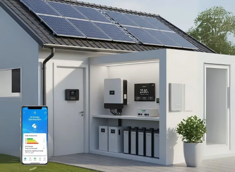 AI-integrated smart home design with solar energy systems for efficient, sustainable living powered by smart technology.