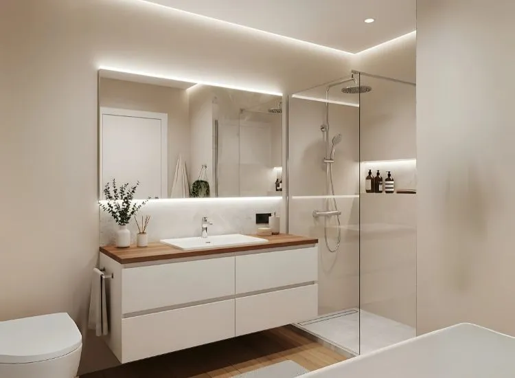 Studio apartment bathroom featuring floating vanity and frameless glass shower — sleek studio apartment interior ideas for small-space efficiency.