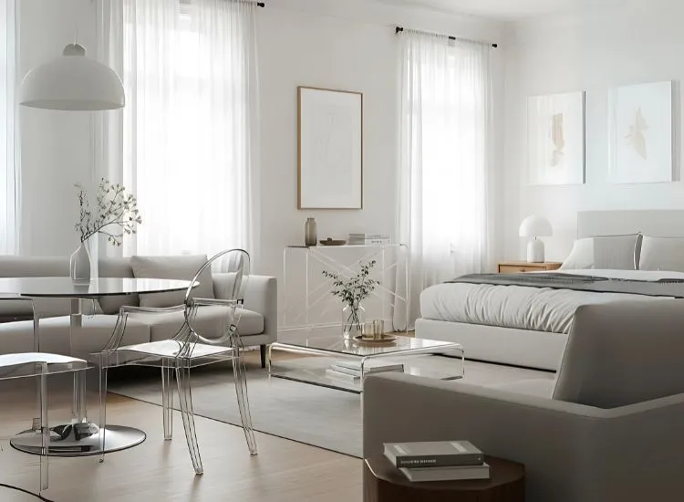 Studio apartment decorating ideas with transparent furniture that blends into the space — ideal for airy and modern studio apartment interior ideas.