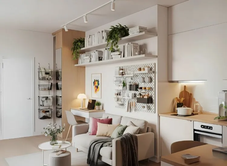 Studio apartment decorating ideas with wall-mounted units and hanging storage — maximizing space in stylish studio apartment interior ideas.
