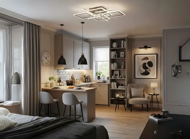 Studio apartment decorating ideas using ambient, task, and accent lighting — layered studio apartment interior ideas for mood and functionality.