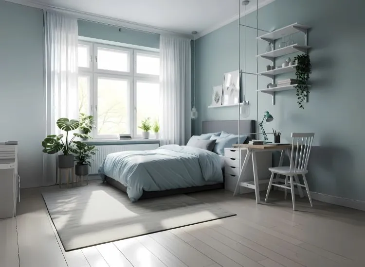 Cool-color palette in a studio apartment studio that makes the space feel airy and expansive — smart studio apartment interior ideas and room decorating inspiration.