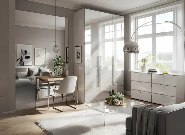 Studio apartment room ideas featuring reflective surfaces like mirrors and glass — smart studio apartment interior ideas to enhance depth and light.