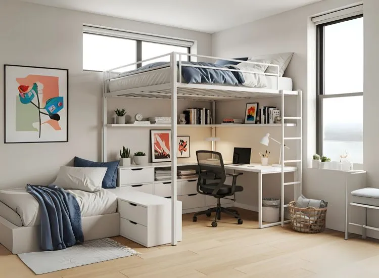Studio apartment studio with loft bed featuring underneath workspace and storage — smart studio room ideas and functional interior design solutions.