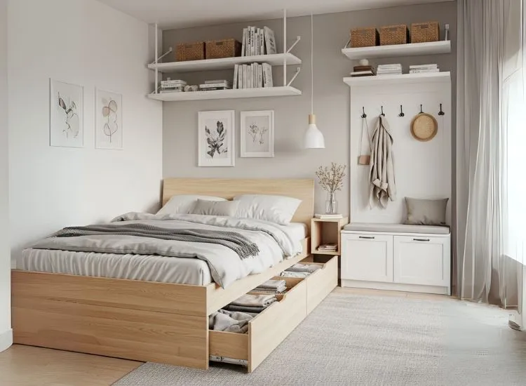 Studio apartment room ideas with under-the-bed drawers, ceiling-mounted shelves, and entryway cabinets — smart studio apartment interior ideas for storage.