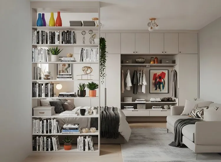 Vertical storage solutions in a studio apartment studio used as stylish separators — smart studio apartment decorating ideas for compact living.