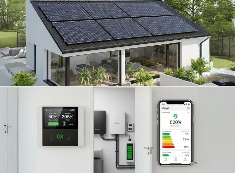 Smart home design with solar panels, AI-driven energy management, and smart appliances for sustainable living.