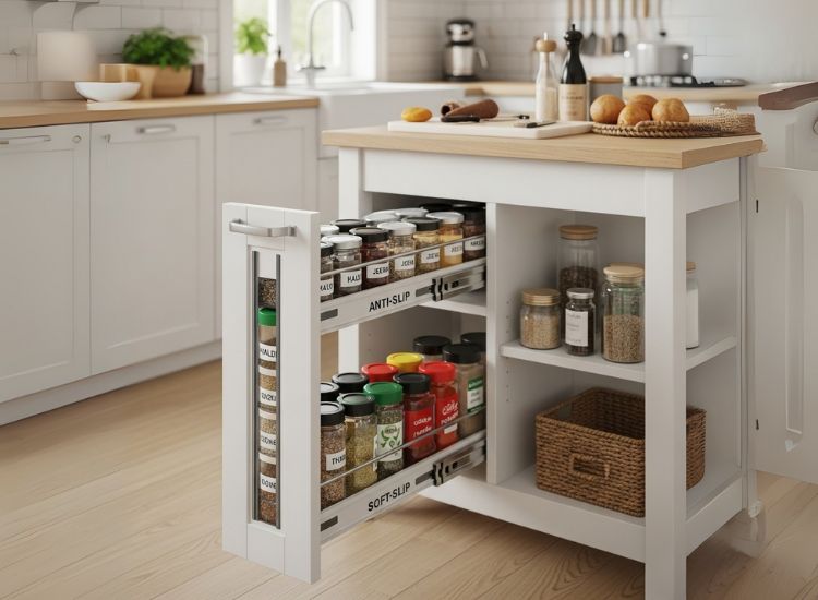 Island with built-in spice drawer showcasing organized small kitchen island design and practical kitchen island ideas for small kitchens.